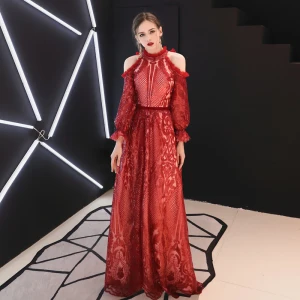 Chic Beautiful Burgundy Evening Dresses 2019 A Line Princess Strapless Lace Sequins Puffy Long Sleeve Backless Floor Length Long Formal Dresses