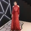 Chic / Belle Bordeaux Robe De Soirée 2019 Princesse Bustier Dentelle Paillettes Gonflée Manches Longues Dos Nu Longue Robe De Ceremonie