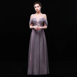 Charmant Argenté Robe De Soirée 2019 Princesse V Cou Glitter Polyester En Dentelle Fleur Sans Manches Dos Nu Longue Robe De Ceremonie