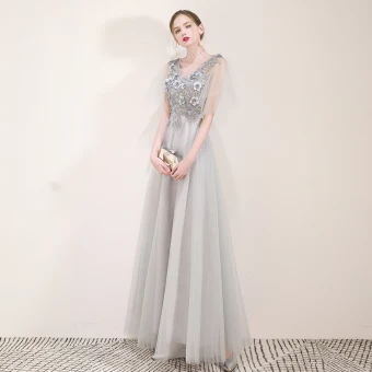 Elegante Grijs Avondjurken 2019 A Lijn V Hals Appliques Kant Bloem Parel Rhinestone Korte Mouwen Ruglooze Lange Gelegenheid Jurken