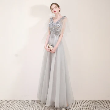 Elegant Grey Evening Dresses 2019 A Line Princess V Neck Appliques Lace Flower Pearl Rhinestone Short Sleeve Backless Floor Length Long Formal Dresses