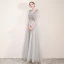 Elegant Grey Evening Dresses  2019 A-Line / Princess V-Neck Appliques Lace Flower Pearl Rhinestone Short Sleeve Backless Floor-Length / Long Formal Dresses