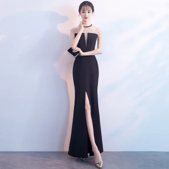 Sexy Noire Robe De Soirée 2018 Trompette Sirène Perlage Faux Diamant Encolure Dégagée Sans Manches Fendue Devant Longueur Cheville Robe De Ceremonie