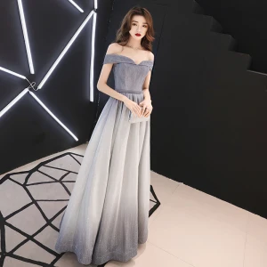 Charmant Argenté Dégradé De Couleur Robe De Soirée 2019 Princesse De L Épaule Glitter Polyester Manches Courtes Dos Nu Longue Robe De Ceremonie