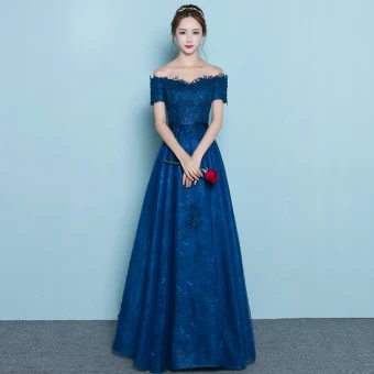 Chic Belle Bleu Marine Robe De Soirée 2019 Princesse De L Épaule En Dentelle Fleur Manches Courtes Dos Nu Longue Robe De Ceremonie