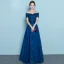 Chic / Beautiful Navy Blue Evening Dresses  2019 A-Line / Princess Off-The-Shoulder Lace Flower Short Sleeve Backless Floor-Length / Long Formal Dresses