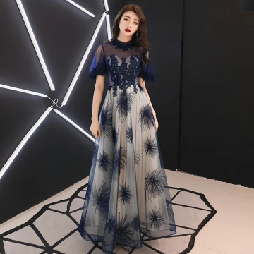 Elegant Navy Blue Evening Dresses 2019 A Line Princess Scoop Neck Beading Lace Flower Short Sleeve Backless Floor Length Long Formal Dresses