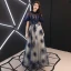 Elegant Navy Blue Evening Dresses  2019 A-Line / Princess Scoop Neck Beading Lace Flower Short Sleeve Backless Floor-Length / Long Formal Dresses