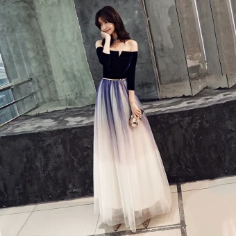 Elegant Gradient Color Navy Blue Evening Dresses 2019 A Line Princess Suede Off The Shoulder Metal Sash 3 4 Sleeve Backless Floor Length Long Formal Dresses