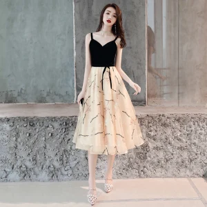 Modern Fashion Champagne Homecoming Graduation Dresses 2019 A Line Princess Suede Spaghetti Straps Bow Sleeveless Backless Tea Length Formal Dresses