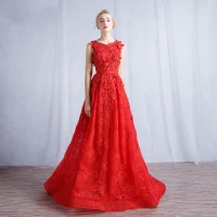 Hermoso Rojo Vestidos de noche 2019 A-Line / Princess Scoop Escote Rebordear Con Encaje Flor Lentejuelas Cinturón Sin Mangas Colas De Barrido Vestidos Formales