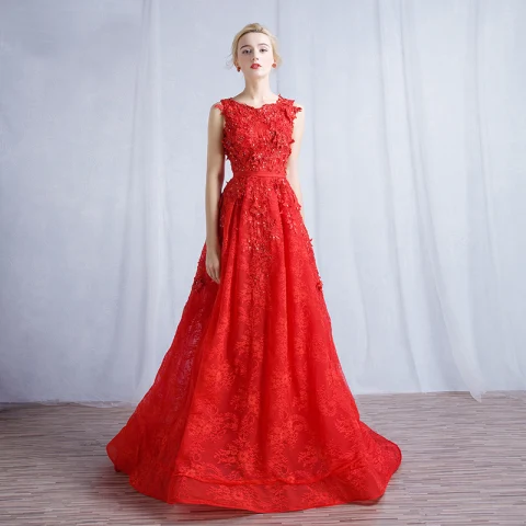Hermoso Rojo Vestidos de noche 2019 A-Line / Princess Scoop Escote Rebordear Con Encaje Flor Lentejuelas Cinturón Sin Mangas Colas De Barrido Vestidos Formales