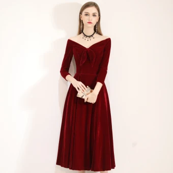 Chic Beautiful Burgundy Homecoming Graduation Dresses 2019 A Line Princess Suede V Neck Bow 3 4 Sleeve Backless Tea Length Formal Dresses