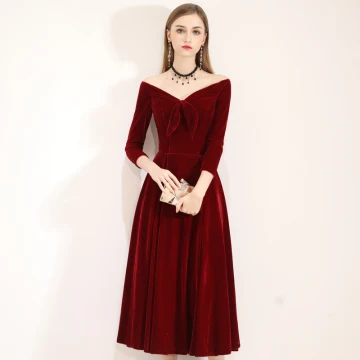 Chic Beautiful Burgundy Homecoming Graduation Dresses 2019 A Line Princess Suede V Neck Bow 3 4 Sleeve Backless Tea Length Formal Dresses