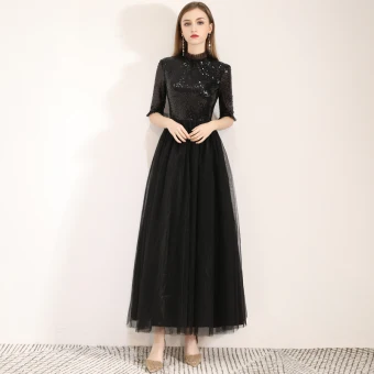 Chic Belle Noire De Retour Robe De Graduation 2019 Princesse Col Haut Paillettes 1 2 Manches Longueur Cheville Robe De Ceremonie