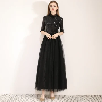Chic Belle Noire De Retour Robe De Graduation 2019 Princesse Col Haut Paillettes 1 2 Manches Longueur Cheville Robe De Ceremonie