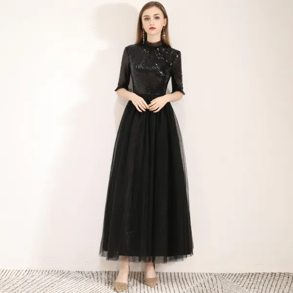 Chic / Beautiful Black Homecoming Graduation Dresses 2019 A-Line / Princess High Neck Sequins 1/2 Sleeves Ankle Length Formal Dresses