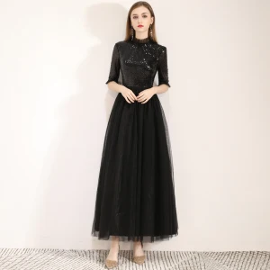 Chic Beautiful Black Homecoming Graduation Dresses 2019 A Line Princess High Neck Sequins 1 2 Sleeves Ankle Length Formal Dresses