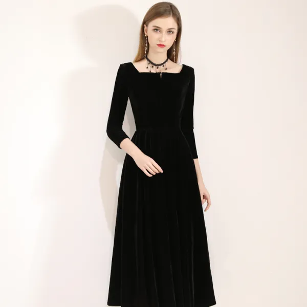Modest / Simple Black Evening Dresses  2019 A-Line / Princess Square Neckline Suede Backless Bow 3/4 Sleeve Tea-length Formal Dresses