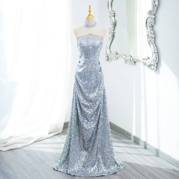 Scintillantes Sexy Argenté Perlage Perle Paillettes Robe De Soirée 2024 Trompette / Sirène Bustier Sans Manches Dos Nu Noeud Longue Soirée