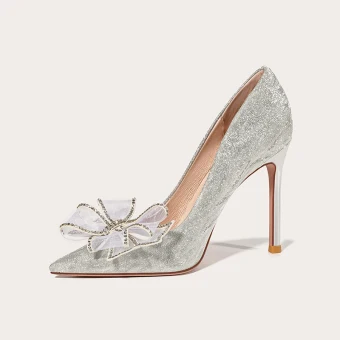 Charming Silver Rhinestone Bow Sequins Wedding Shoes 2021 Leather 10 Cm Stiletto Heels Pointed Toe Wedding Pumps High Heels