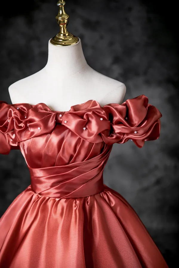 Elegant Watermelon Prom Dresses 2025 Ball Gown Off-The-Shoulder Ruffle Short Sleeve Backless Floor-Length / Long Prom Formal Dresses