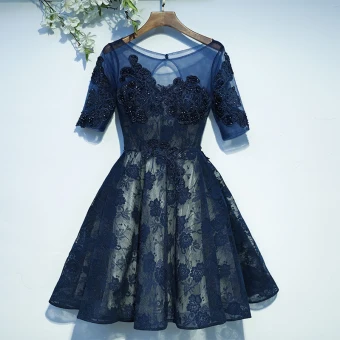 Chic Belle Bleu Marine Robe De Ceremonie Robe De Graduation 2017 En Dentelle Paillettes Fleur Dos Nu 1 2 Manches Courte Princesse Encolure Dégagée