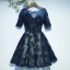 Chic / Belle Bleu Marine Robe De Ceremonie Robe De Graduation 2017 En Dentelle Paillettes Fleur Dos Nu 1/2 Manches Courte Princesse Encolure Dégagée