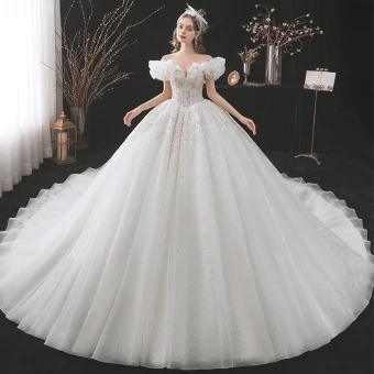 Luxe Ivoire Robe Boule Robe De Mariée 2021 Encolure Dégagée Perlage Faux Diamant Paillettes En Dentelle Fleur Manches Courtes Dos Nu Royal Train