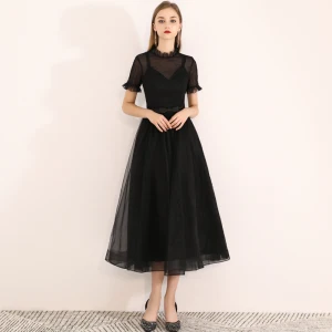 Fine Svart Homecoming Graduation Kjoler 2019 Prinsesse Scoop Halsen Korte Ermer Sløyfe Te Lengde Formelle Kjoler