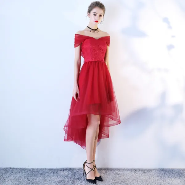 Chic / Beautiful Burgundy Cocktail Dresses 2019 A-Line / Princess Off-The-Shoulder Lace Flower Bow Short Sleeve Asymmetrical Formal Dresses