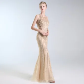 Luxury Gorgeous Gold Evening Dresses 2019 Trumpet Mermaid Scoop Neck Handmade Beading Crystal Pearl Sequins Sleeveless Floor Length Long Formal Dresses