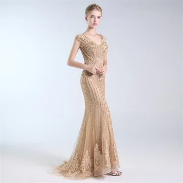 Luxury Gorgeous Gold Handmade Beading Evening Dresses 2019 Trumpet Mermaid V Neck Crystal Lace Flower Sequins Sleeveless Floor Length Long Formal Dresses