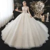 Luxury / Gorgeous Charming Champagne Wedding Dresses 2021 Ball Gown High Neck Beading Appliques Rhinestone Sequins Short Sleeve Backless Royal Train Wedding
