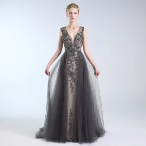 Luxe Gris Fait Main Perlage Robe De Soirée 2019 Princesse V Cou Cristal Faux Diamant Paillettes Sans Manches Dos Nu Longue Robe De Ceremonie