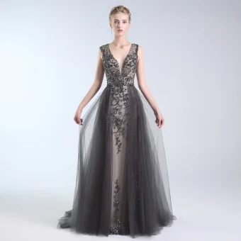 Luxe Gris Fait Main Perlage Robe De Soirée 2019 Princesse V Cou Cristal Faux Diamant Paillettes Sans Manches Dos Nu Longue Robe De Ceremonie
