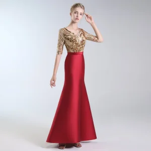 Luxe Bordeaux Robe De Soirée 2019 Trompette Sirène V Cou En Dentelle Paillettes 1 2 Manches Dos Nu Longue Robe De Ceremonie