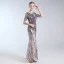 Charming Grey Evening Dresses  2019 A-Line / Princess Scoop Neck Lace Sequins Short Sleeve Floor-Length / Long Formal Dresses