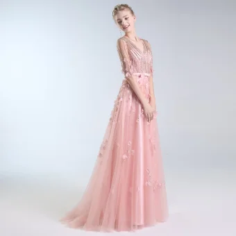 Luxe Blozen Roze Handgemaakt Kralen Avondjurken 2019 A Lijn V Hals Appliques Kristal Pailletten Strik 1 2 Mouwen Lange Gelegenheid Jurken