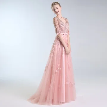 Luxury Gorgeous Blushing Pink Handmade Beading Evening Dresses 2019 A Line Princess V Neck Appliques Crystal Sequins Bow 1 2 Sleeves Floor Length Long Formal Dresses