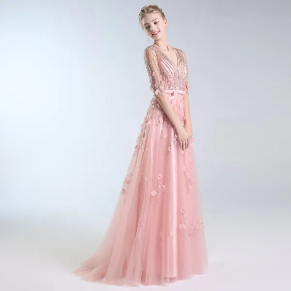 Luxe Rougissant Rose Fait main Perlage Robe De Soirée 2019 Princesse V-Cou Appliques Cristal Paillettes Noeud 1/2 Manches Longue Robe De Ceremonie