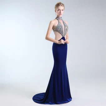 Luxe Bleu Marine Robe De Soirée 2019 Trompette Sirène Titulaire Faux Diamant Daim Sans Manches Dos Nu Train De Balayage Robe De Ceremonie