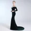 Elegant Dark Green Evening Dresses  2019 A-Line / Princess Scoop Neck Suede Crystal Sequins Long Sleeve Sweep Train Formal Dresses