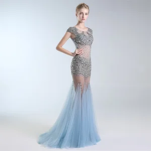 Sexy Bleu Ciel Transparentes Robe De Soirée 2019 Trompette Sirène Encolure Dégagée Perlage Paillettes Mancherons Longue Robe De Ceremonie