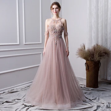 Chic Beautiful Blushing Pink Handmade Beading Evening Dresses 2019 A Line Princess Scoop Neck Crystal Pearl Sequins Sleeveless Backless Floor Length Long Formal Dresses