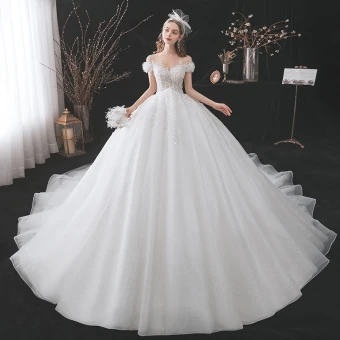 Fashion Ivory Wedding Dresses 2021 Ball Gown Scoop Neck Beading Appliques Lace Flower Pearl Sequins Short Sleeve Backless Royal Train Wedding