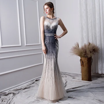 Luxe Dégradé De Couleur Fait Main Perlage Robe De Soirée 2019 Trompette Sirène Encolure Dégagée Cristal Sans Manches Longue Robe De Ceremonie