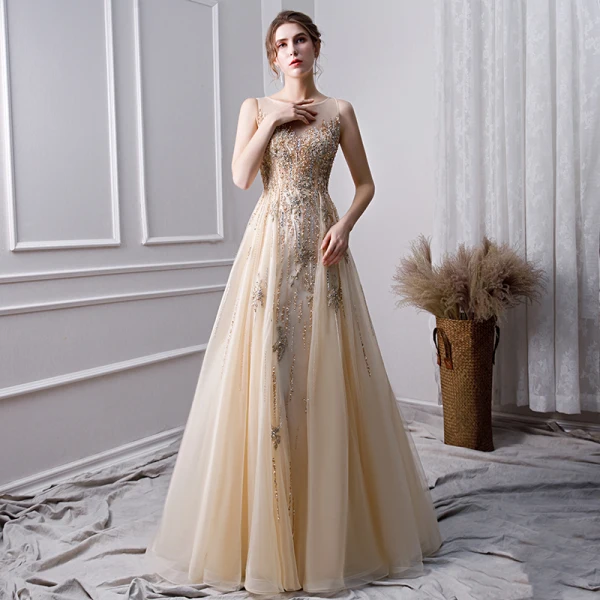 Luxe Doré Fait main Perlage Robe De Soirée 2019 Princesse Encolure Dégagée Cristal En Dentelle Fleur Perle Paillettes Sans Manches Longue Robe De Ceremonie
