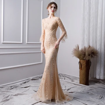 Luxe Doré Fait Main Perlage Robe De Soirée 2019 Trompette Sirène Encolure Dégagée Perle Cristal Faux Diamant Paillettes 3 4 Manches Longue Robe De Ceremonie