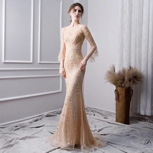 Luxury / Gorgeous Gold Handmade Beading Evening Dresses 2019 Trumpet / Mermaid Scoop Neck Pearl Crystal Rhinestone Sequins 3/4 Sleeve Floor-Length /